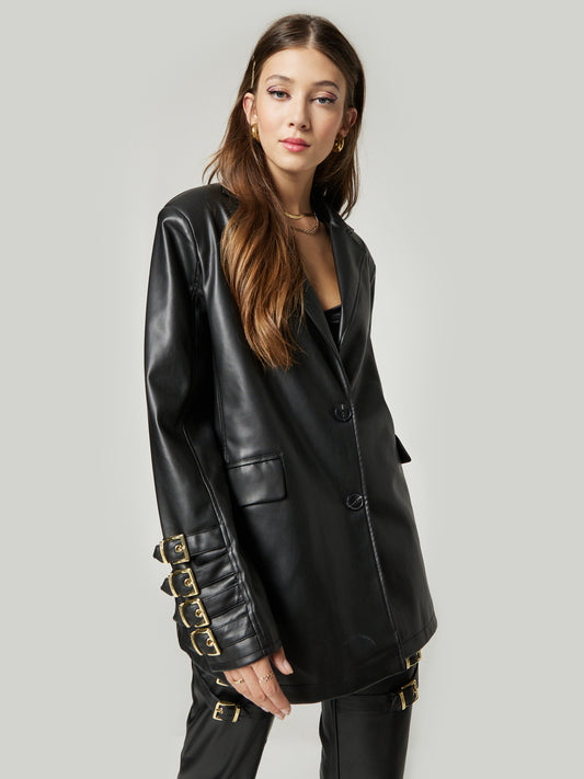 Bershka Oversized Faux Leather Blazer In Black